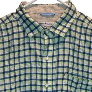 Tommy Bahama Men's Short Sleeve 100% Linen Large Shirt Blue Green Plaid